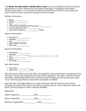 Attorney-Approved  Motor Vehicle Bill of Sale Form for North Carolina
