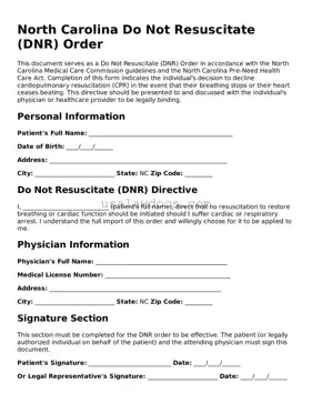 Attorney-Approved  Do Not Resuscitate Order Form for North Carolina
