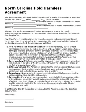 Attorney-Approved  Hold Harmless Agreement Form for North Carolina