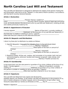 Attorney-Approved  Last Will and Testament Form for North Carolina