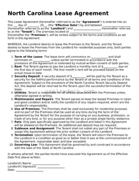 Attorney-Approved  Lease Agreement Form for North Carolina
