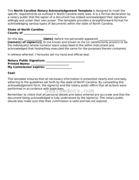 Attorney-Approved  Notary Acknowledgement Form for North Carolina