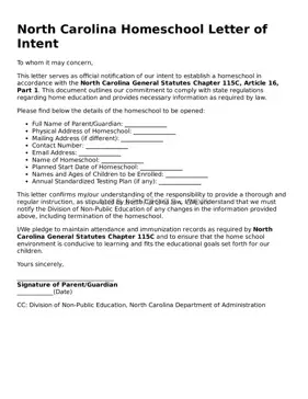 Attorney-Approved  Homeschool Letter of Intent Form for North Carolina