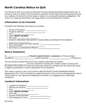 Attorney-Approved  Notice to Quit Form for North Carolina