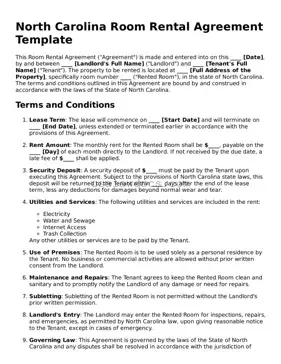 Attorney-Approved  Room Rental Agreement Form for North Carolina