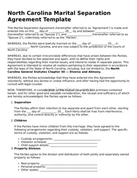 Attorney-Approved  Marital Separation Agreement Form for North Carolina