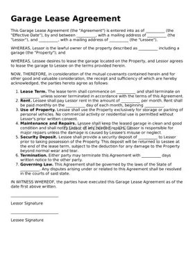 Free Garage Lease Agreement Form
