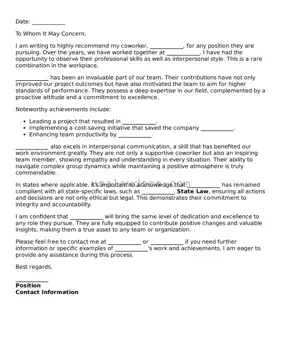 Free Letter of Recommendation for Coworker Form