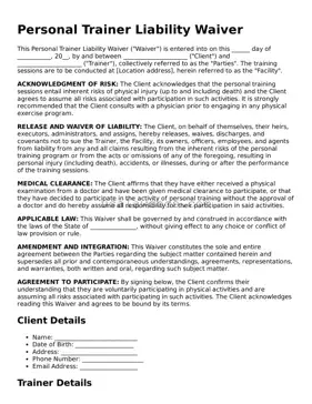 Free Personal Trainer Liability Waiver Form