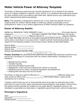Free Motor Vehicle Power of Attorney Form