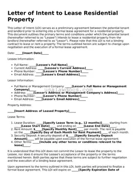 Free Letter of Intent to Lease Residential Property Form