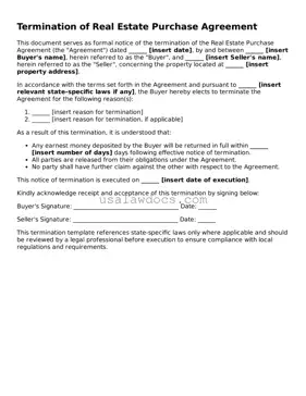 Free Termination of Real Estate Purchase Agreement Form
