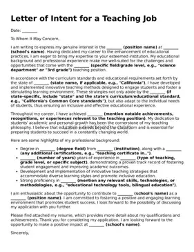 Free Letter of Intent for a Teaching Job Form