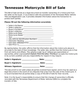 Attorney-Approved  Motorcycle Bill of Sale Form for Tennessee