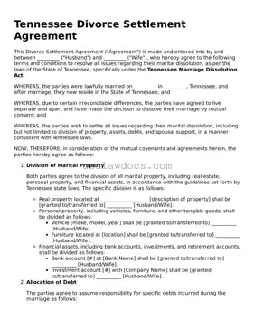 Attorney-Approved  Divorce Settlement Agreement Form for Tennessee