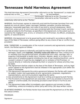 Attorney-Approved  Hold Harmless Agreement Form for Tennessee