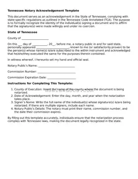 Attorney-Approved  Notary Acknowledgement Form for Tennessee