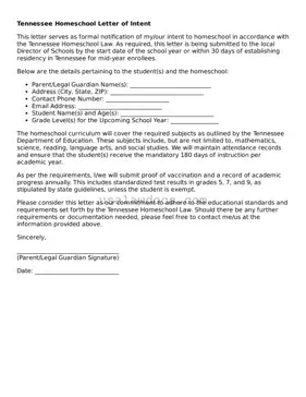 Attorney-Approved  Homeschool Letter of Intent Form for Tennessee