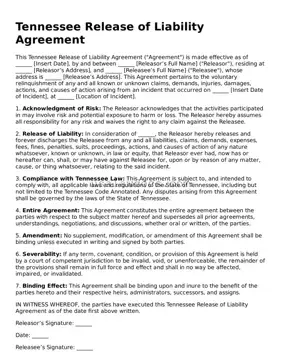 Attorney-Approved  Release of Liability Form for Tennessee