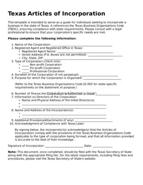 Attorney-Approved  Articles of Incorporation Form for Texas