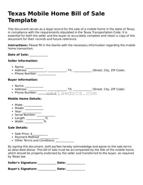 Attorney-Approved  Mobile Home Bill of Sale Form for Texas