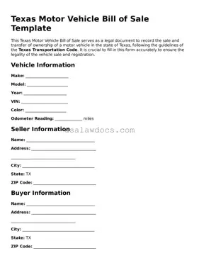Attorney-Approved  Motor Vehicle Bill of Sale Form for Texas