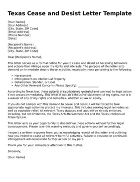 Attorney-Approved  Cease and Desist Letter Form for Texas