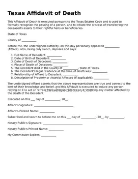 Attorney-Approved  Affidavit of Death Form for Texas
