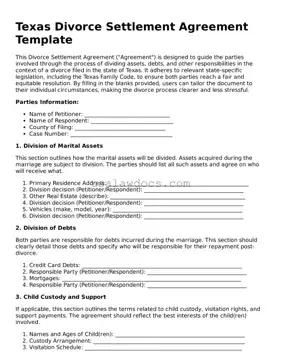 Attorney-Approved  Divorce Settlement Agreement Form for Texas
