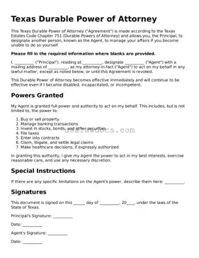 Attorney-Approved  Durable Power of Attorney Form for Texas