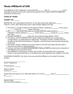 Attorney-Approved  Affidavit of Gift Form for Texas