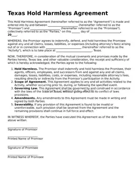 Attorney-Approved  Hold Harmless Agreement Form for Texas