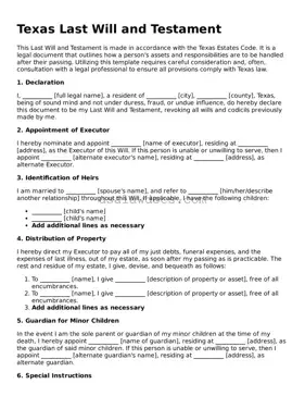Attorney-Approved  Last Will and Testament Form for Texas