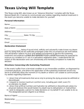 Attorney-Approved  Living Will Form for Texas
