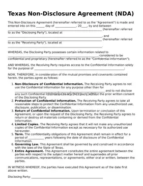 Attorney-Approved  Non-disclosure Agreement Form for Texas