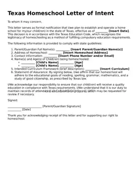 Attorney-Approved  Homeschool Letter of Intent Form for Texas