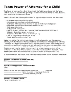 Attorney-Approved  Power of Attorney for a Child Form for Texas