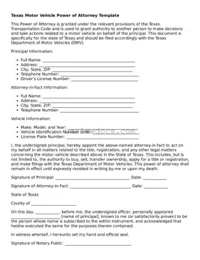 Attorney-Approved  Motor Vehicle Power of Attorney Form for Texas