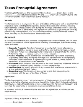 Attorney-Approved  Prenuptial Agreement Form for Texas