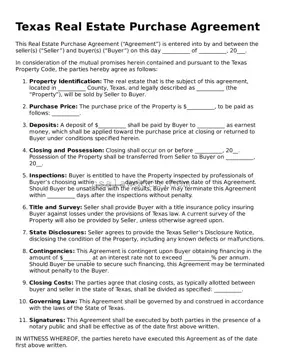 Attorney-Approved  Real Estate Purchase Agreement Form for Texas