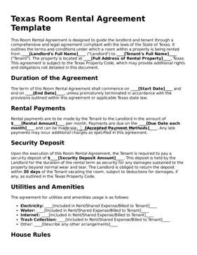 Attorney-Approved  Room Rental Agreement Form for Texas