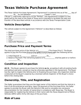Attorney-Approved  Vehicle Purchase Agreement Form for Texas