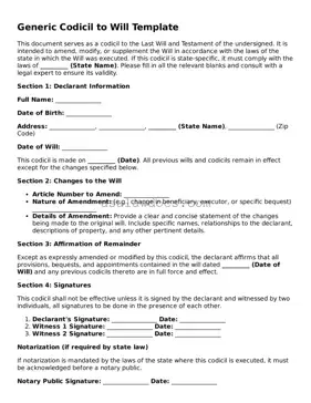 Free Codicil to Will Form