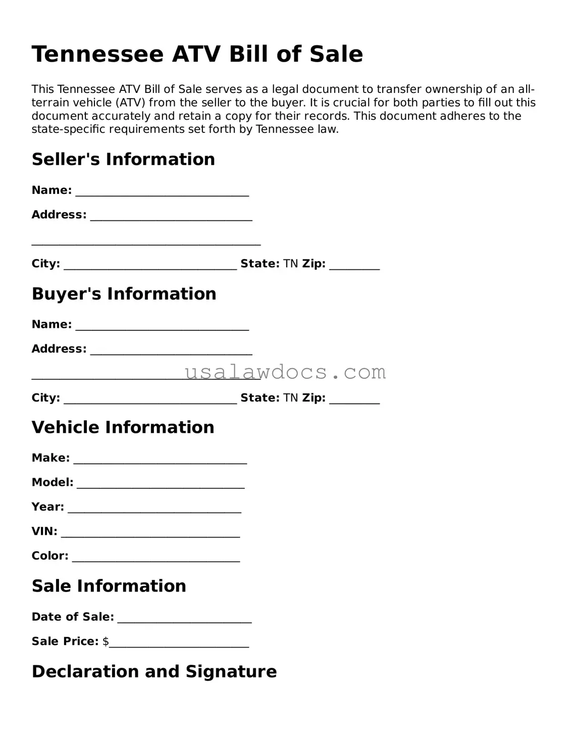 Attorney-Approved  ATV Bill of Sale Form for Tennessee
