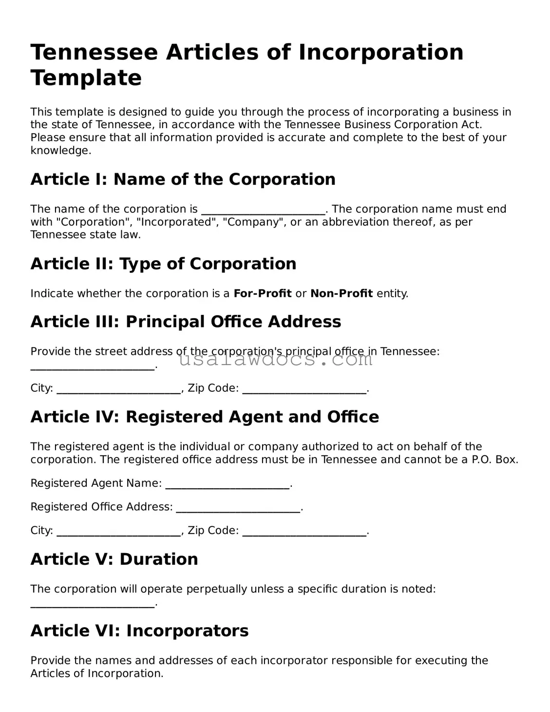 Attorney-Approved  Articles of Incorporation Form for Tennessee
