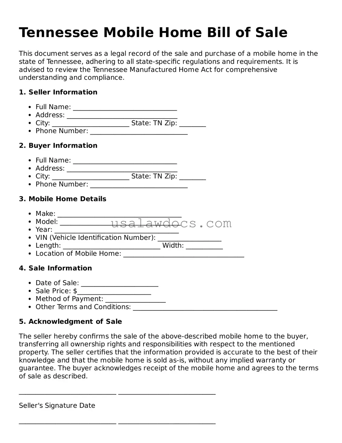 Attorney-Approved  Mobile Home Bill of Sale Form for Tennessee