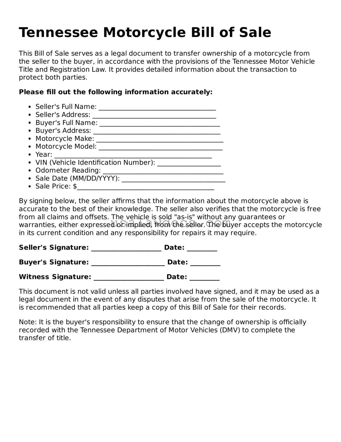 Attorney-Approved  Motorcycle Bill of Sale Form for Tennessee