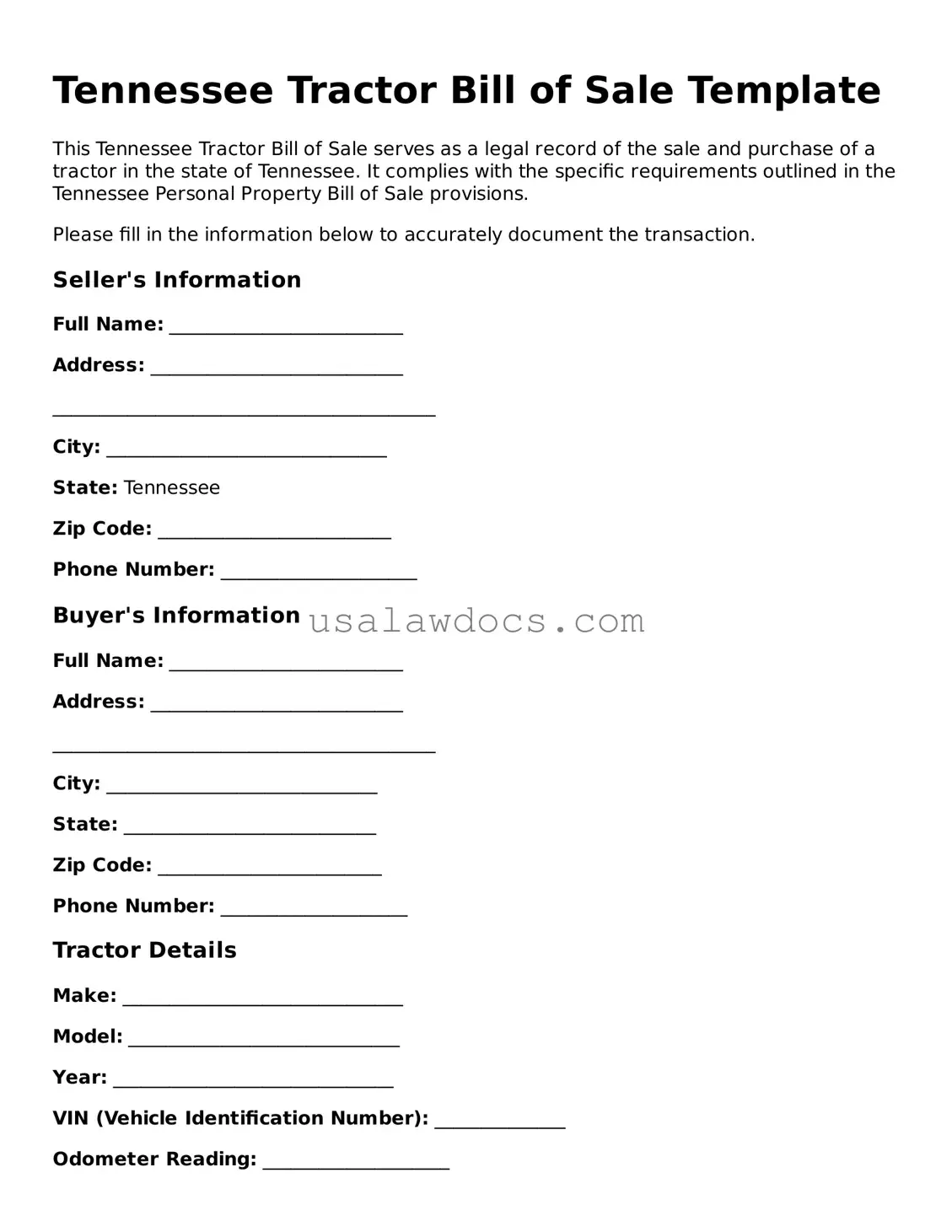 Attorney-Approved  Tractor Bill of Sale Form for Tennessee