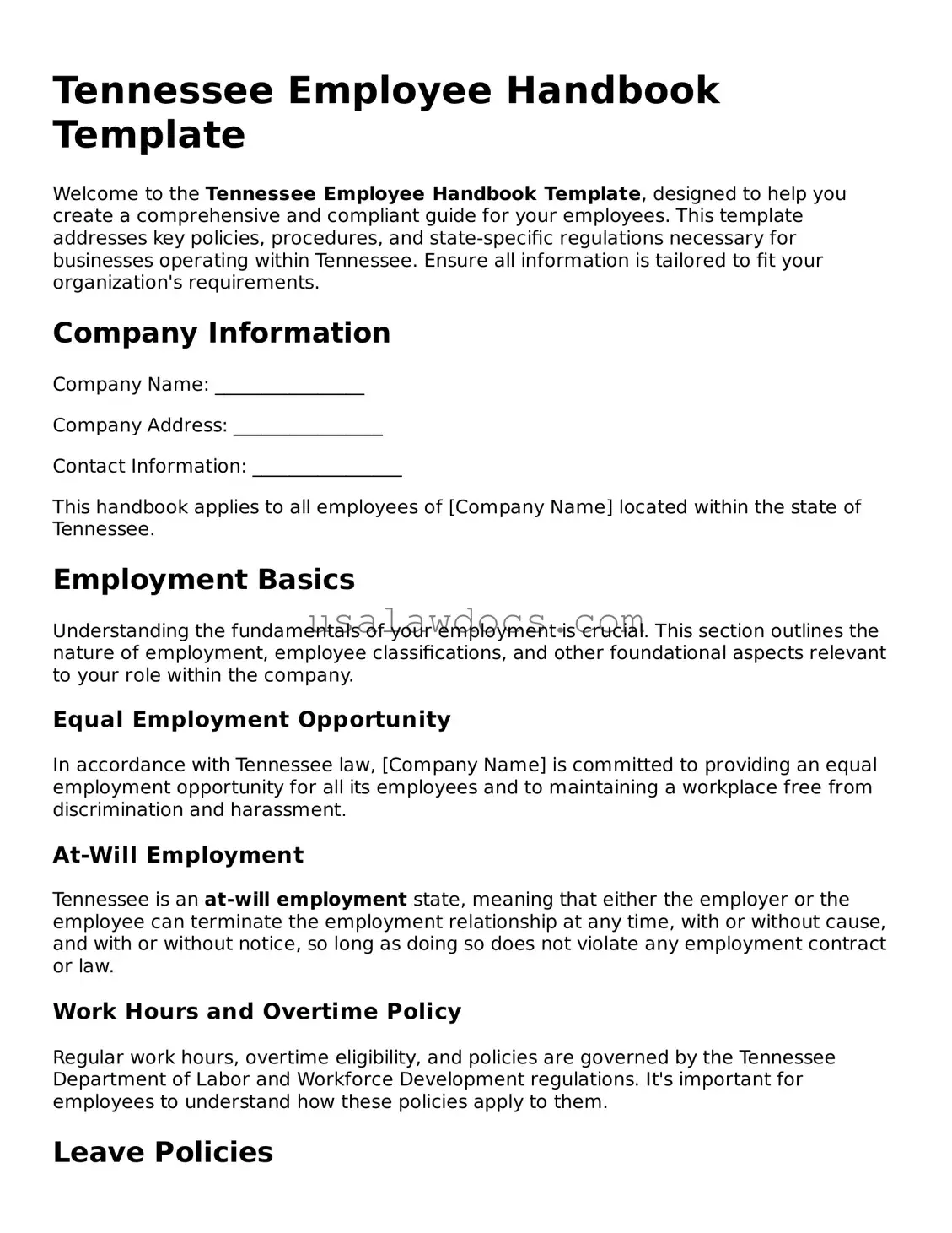 Attorney-Approved  Employee Handbook Form for Tennessee