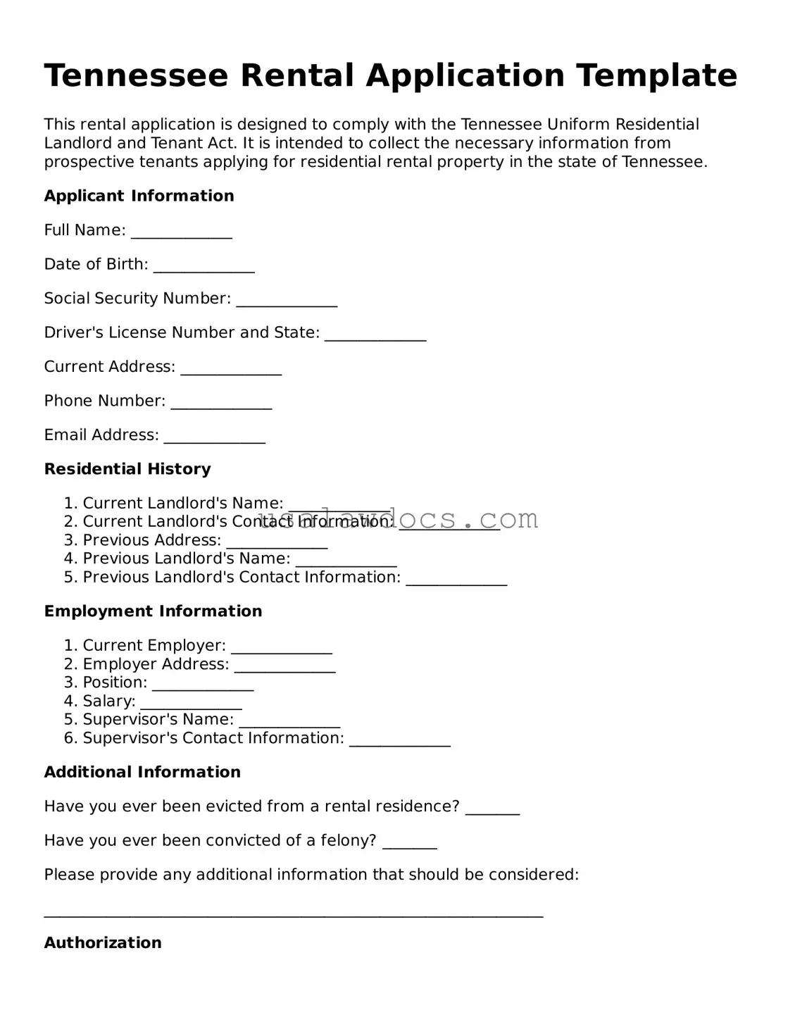 Attorney-Approved  Rental Application Form for Tennessee